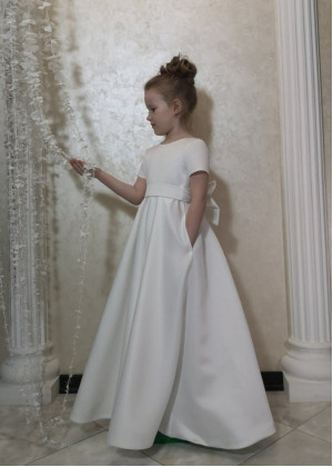 Short Sleeves Ivory Satin Flower Girl Dress